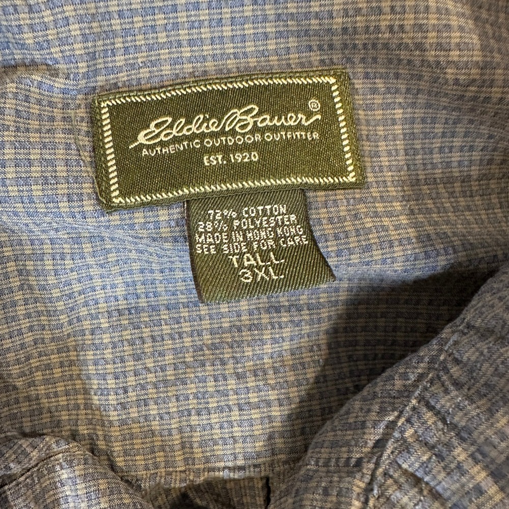 Eddie Bauer Mens 3XL Tall Blue Micro Check Short Sleeve Button Up Shirt Pocket - Picture 3 of 16